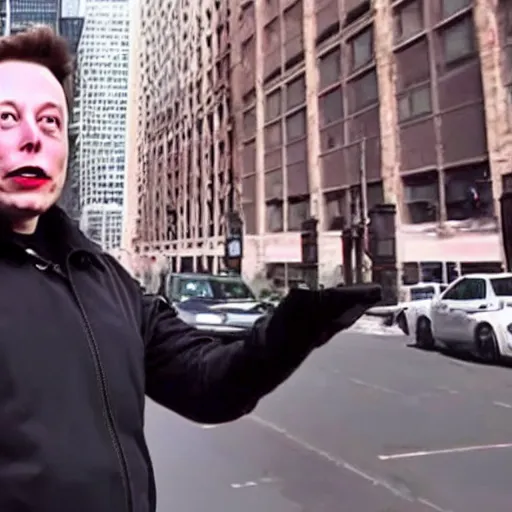 Image similar to bodycam footage of a homeless elon musk going crazy and scamming people, new york streets, wide angle, fisheye, uhd, 4 8 0 p, bodycam, paparazzi, bad quality, pov