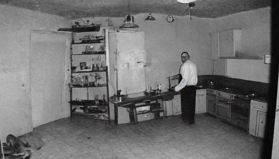 Prompt: a big snake and a man in a stalinist style kitchen, by mini dv camera, very very low quality, heavy grain, very blurry, accidental flash, webcam footage, found footage, security cam, caught on trail cam