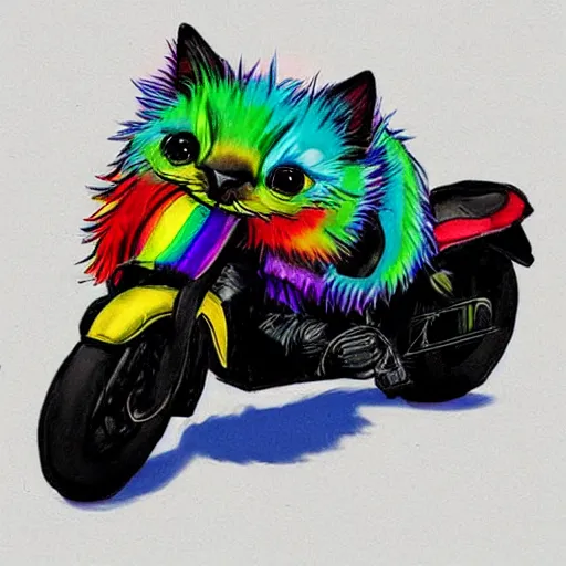 Image similar to wide angle full body, jacket wearing fluffy cute rainbow kitten wearing a black leather motorcycle jacket, concept art