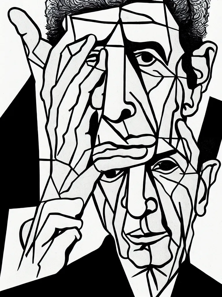 Image similar to a detailed line art portrait of writer leonard cohen, inspired by cubism.