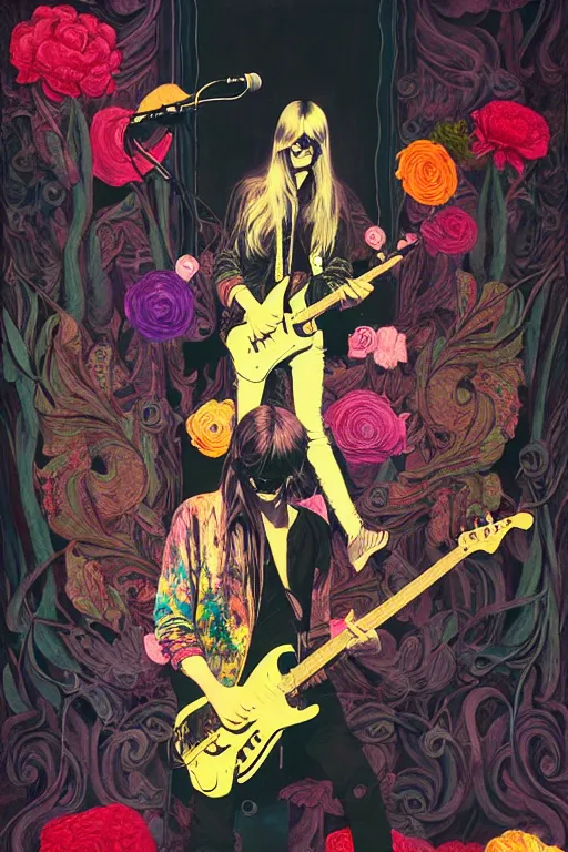 Image similar to the velvet underground and nico playing live on stage at a night club, beautiful stage decoration with flowers in the background, painting by james jean, very detailed and colorful and toned down and ornamental and moody and cool and relaxed and high on drugs, trending on artstation, behance contest winner