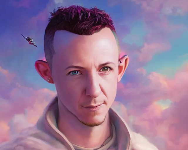 Prompt: An epic fantasy comic book style portrait painting of a very beautiful ethereal Chester Bennington floating above the vibrant clouds , soft pastel colors, dreamy colorful haze, character design by Mark Ryden and Pixar and Hayao Miyazaki, unreal 5, DAZ, hyperrealistic, octane render, cosplay, RPG portrait, dynamic lighting, intricate detail, summer vibrancy, cinematic