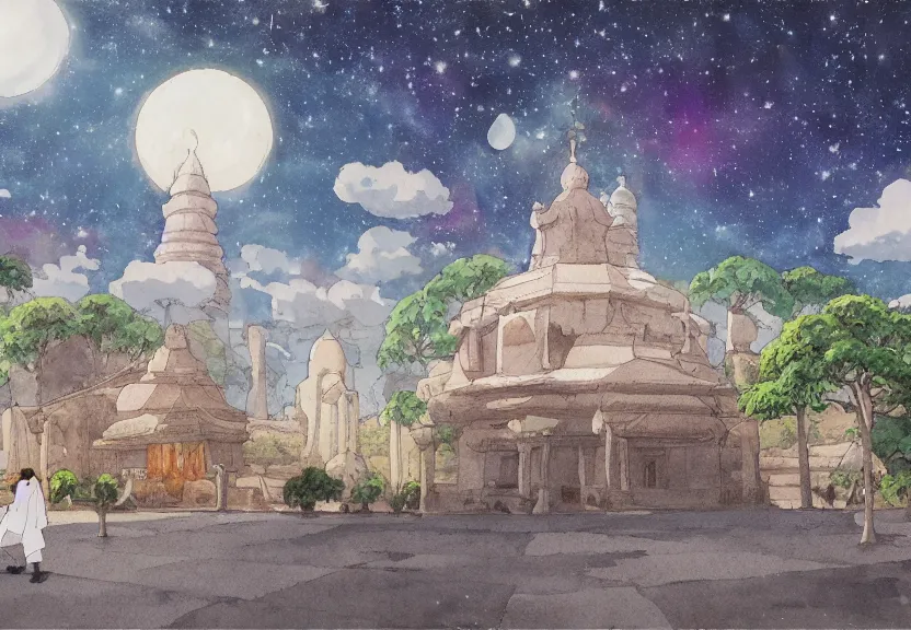 Prompt: a hyperrealist watercolor concept art from a studio ghibli film showing one giant grey monk. a temple is under construction in the background in india on a misty and starry night. by studio ghibli. very dull muted colors