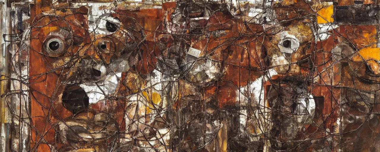 Prompt: an abstract painting of rusted metal and sunflowers, by Anselm Kiefer and Lucian Freud, rust, Scaffolding, iron cladding, decay, mixed media, textured, anatomically correct, beautiful perfect face, sharp focus, Highly Detailed