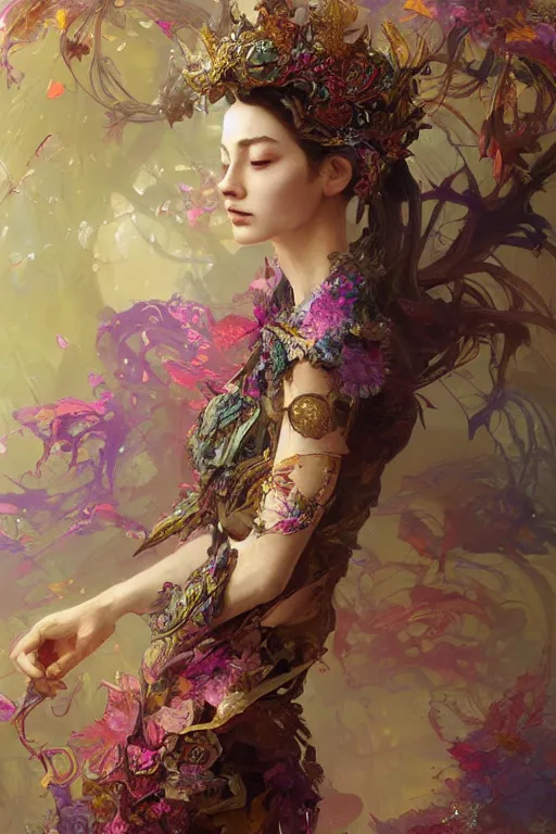 Image similar to a beautiful girl in intricate detailed color oilpaint, 3 d render, hyper realistic detailed portrait, flocking color leaves, ornate leaves headpiece, elegant, intense colors, ruan jia, wlop. scifi, fantasy, hyper detailed, octane render, concept art, by peter mohrbacher, by alphonse mucha, by wlop, by ruan jia