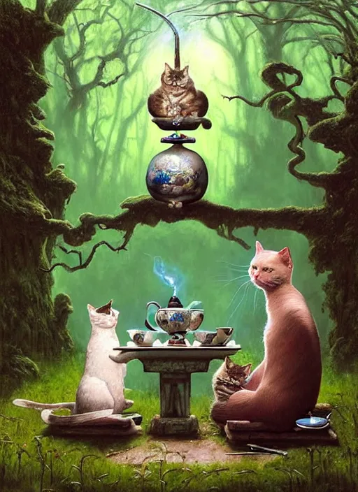 Image similar to cat having tea with a sorceress at a shrine in the woods by a stream, river gorgeous lighting, lush forest foliage blue sky a hyper realistic painting by chiara bautista and beksinski and norman rockwell and greg rutkowski weta studio, and lucasfilm