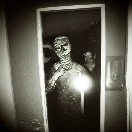 Prompt: grainy photo of a hamburger as a creepy monster in a closet, harsh flash