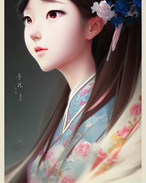 Image similar to Portrait of a beautiful young elegant girl in Chinese hanbok, Japanese anime style, gorgeous atmosphere, full of details, matte painting, concept art, smooth, by Ina Wong and wlop ，trending on cgsociety and artstation，8kHDR，light effect，