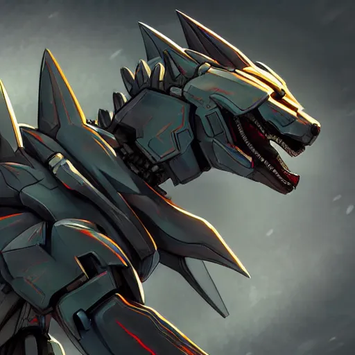 Prompt: highly detailed cinematic full body shot of a mecha canine, sharp claws, detailed maw, sleek armor, glowing visor, charging through city, digital art, furry art, dragon art, zoids art, furaffinity, deviantart