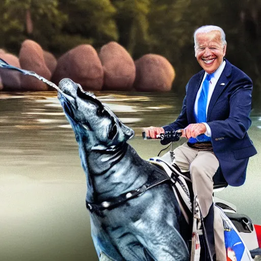 Image similar to president biden riding a fish, realistic, 8 k, ultra details, highly detailed face, sharp focus