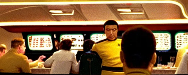 Prompt: cinematic, inside a diner in star trek