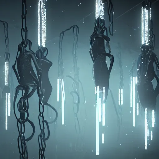 Image similar to illustration of rows of limp homunculus hanging like clothing in an ice box, rolling fog, cyberpunk, dystopian, dramatic lighting, unreal engine 5