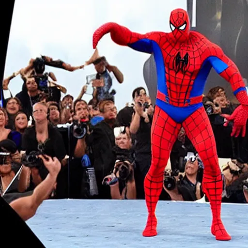 Image similar to dwayne johnson smackdown entrances wearing spiderman costumes, camera angle