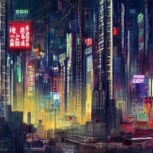 Image similar to researchering impression : cyberpunk chinese cityscape ), by arnold buloweren and lajos gulacsy, line art, speedpainting eternal sunshine of a spotless mind, 8 k resolution