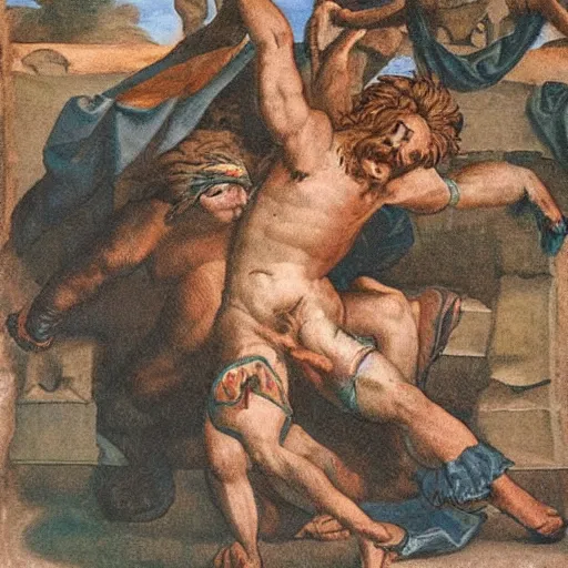 Image similar to Biblical Samson wrestling lion