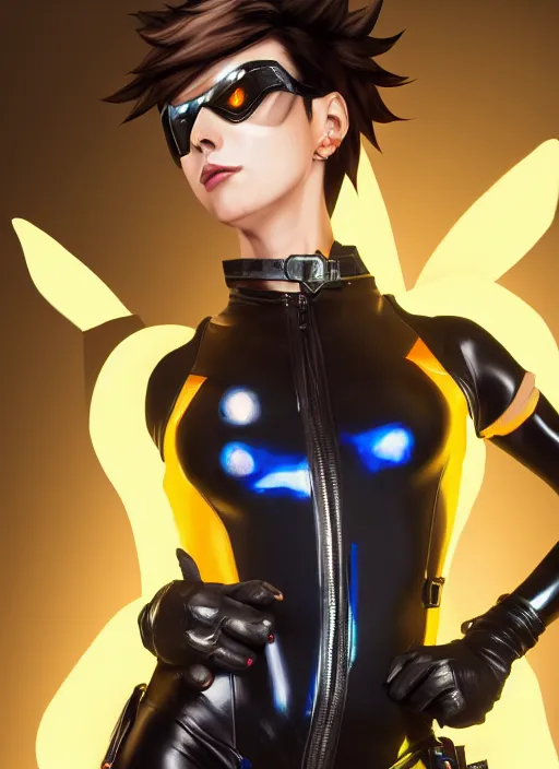 Image similar to oil painting digital artwork of tracer overwatch, confident pose, wearing black iridescent rainbow latex, 4 k, expressive happy smug expression, makeup, in style of mark arian, wearing leather collar, wearing sleek full body armor, black leather harness, expressive detailed face and eyes,