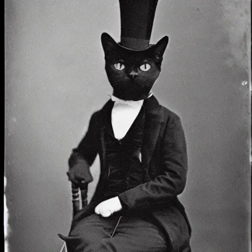 Prompt: a very very classy cat with a top hat, 1 8 9 0 vintage photo