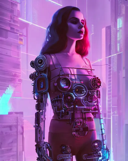 Image similar to portrait of lana del rey as a cyberpunk cyborg. roses, sci - fi, missing panels, intricate abstract upper body intricate artwork, by tooth wu, wlop, beeple, dan mumford. concept art, octane render, deviantart, greg rutkowski, cinematic, key art, hyperrealism, iridescent accents