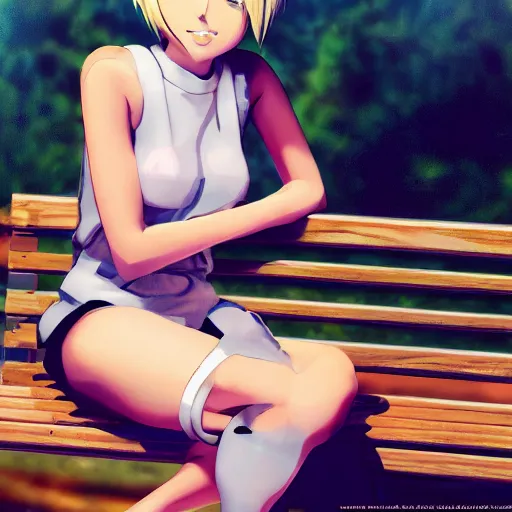 Image similar to anime cartoon of miley cyrus sat on a bench eating cheese, hyperrealism, award winning, stunning, trending on art station, highly detailed, cinematic lighting, 8 k, hd