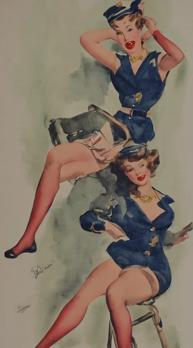 Image similar to a portrait full body pin up post war dressing a military unioform,water color, Gil Elvgren style