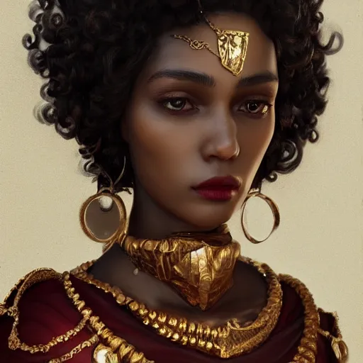 Prompt: character design, portrait of a attractive brown skinned woman with long black soft curly hair and blind white eyes, medieval, jewels, gold and red dress, painting by wlop and nixeu, beautiful, semirealism, artstation, octane render, sharpness, 8 k, golden ratio