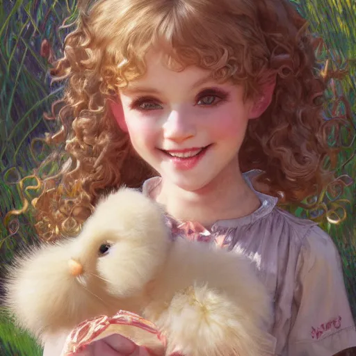 Prompt: a beautiful smiling little [[[[[[blonde toddler]]]]]] girl with short loosely curly hair, at the park on a beautiful day, holding a stuffed animal bunny toy, by Artgerm, Mucha Klimt, Hiroshi Yoshida and Craig Mullins, featured on Artstation, CGSociety, Behance HD, Deviantart