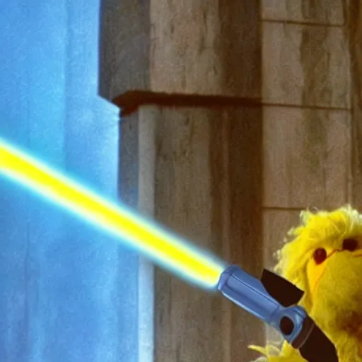 Image similar to anakin skywalker kills big bird with a lightsaber, dramatic, cinematic, hyperrealistic, epic