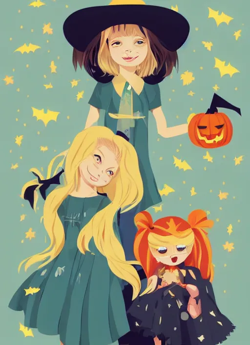 Image similar to little girl, toddler, with long blonde hair on halloween. clean cel shaded vector art. shutterstock. behance hd by lois van baarle, artgerm, helen huang, by makoto shinkai and ilya kuvshinov, rossdraws, illustration, art by ilya kuvshinov