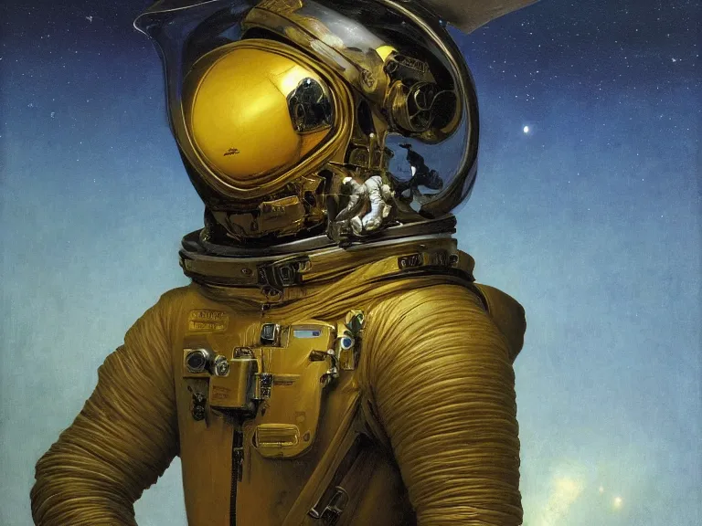 Image similar to a detailed profile oil painting of an explorer in a spacesuit with reflective helmet, flight suit, portrait symmetrical and science fiction theme with aurora lighting by beksinski carl spitzweg and tuomas korpi. baroque elements, full-length view. baroque element. intricate artwork by caravaggio. Trending on artstation. 8k