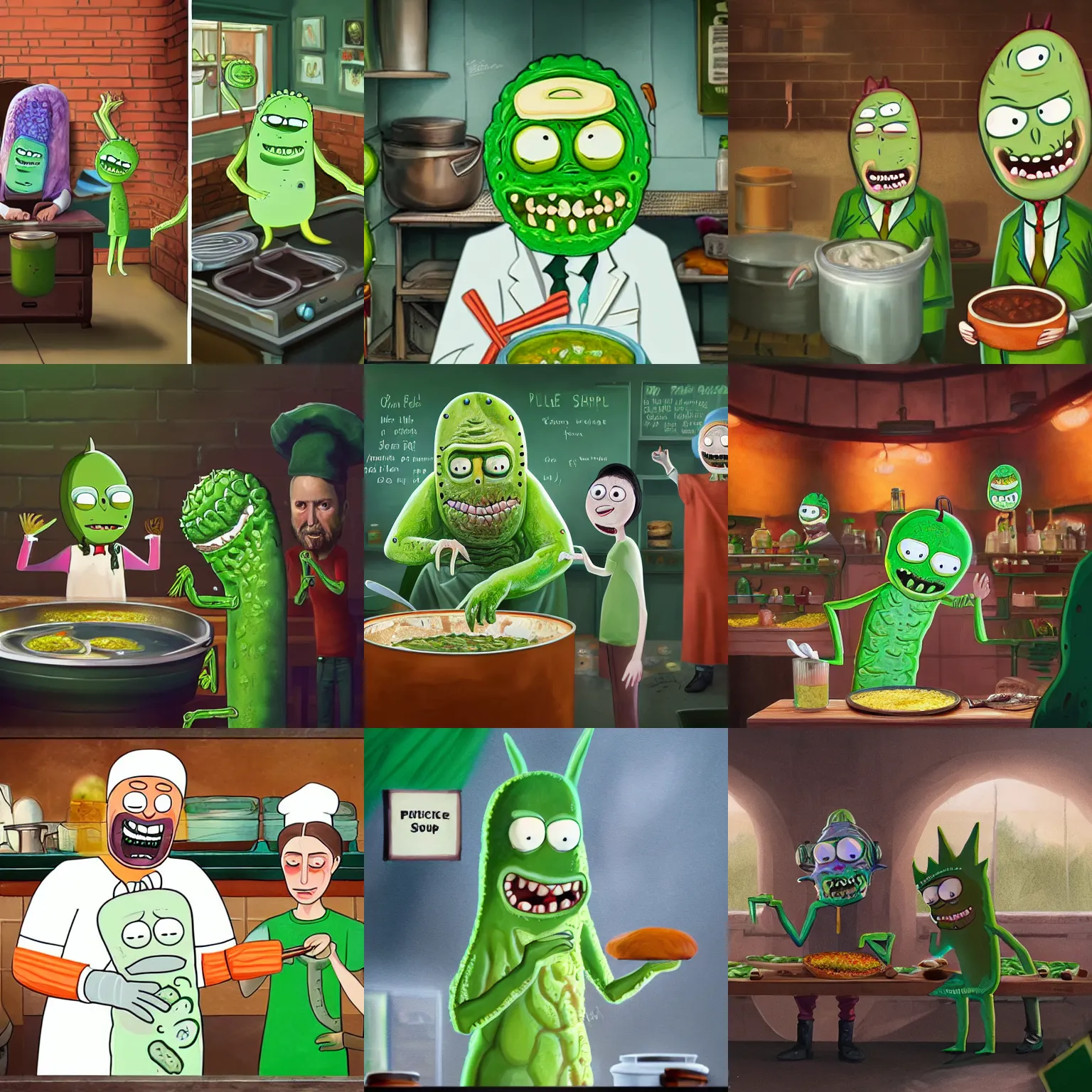 Image similar to pickle rick serving in a soup kitchen, pickle rick serving soup, kindness, detailed portrait, matte painting