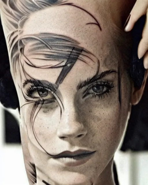 Image similar to emma watson, dope tattoo, hyperrealistic