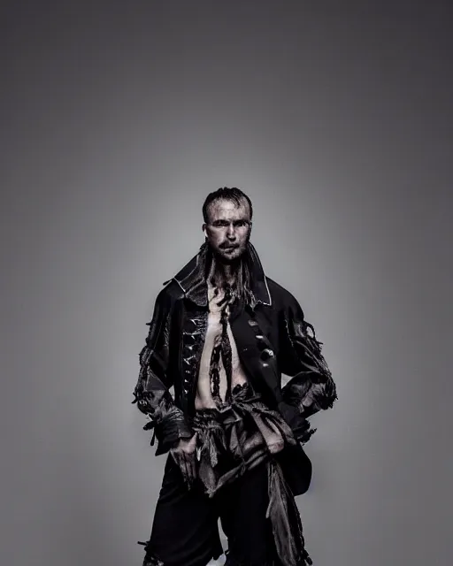 Prompt: an award - winning photo of an ancient male model wearing a thick plain cropped baggy distressed pirate designer menswear cloth jacket designed by alexander mcqueen, 4 k, studio lighting, wide angle lens