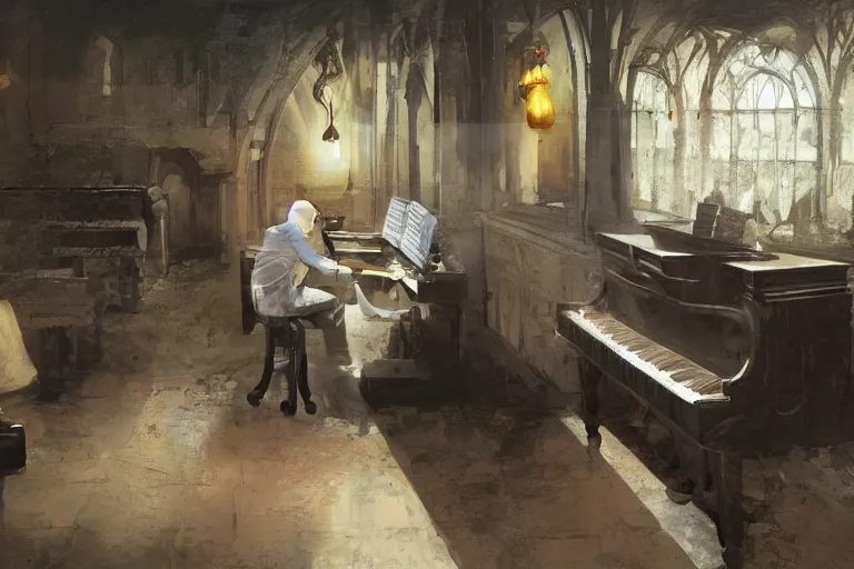 Image similar to an expressive portrait of agent 4 7 playing the piano in a monastery, dark background, red rim light, digital art, artstation, concept art by giger stalenhag