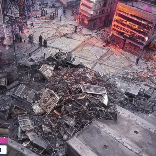 Image similar to A beautiful intricate 8K award-winning ground-level cinematic movie photograph of the future rusting rubble of the fallen and decimated Eiffel Tower, lying in pieces on the ground, surrounded by neon and collapsing corporate video billboard displays. in the year 2050, by Bruno Delbonnel and greg rutkowski. octane render, Arri Alexa 65. Cinematic lighting