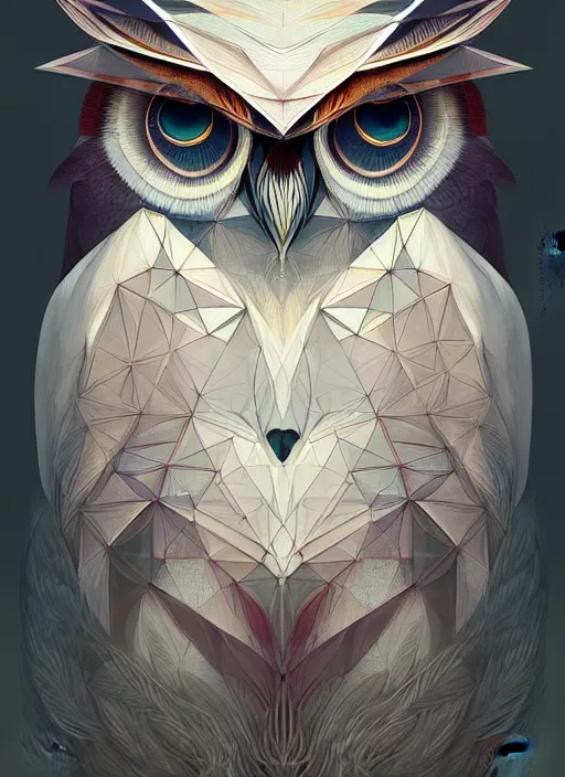 Image similar to portrait of a geometric owl, identical eyes, medium shot, illustration, full body made of white feathers, symmetrical, art stand, super detailed, cinematic lighting, and its detailed and intricate, gorgeous, by peter mohrbacher