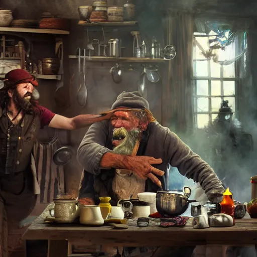 Prompt: british magical hobo breaks into some ork's kitchen and attacks them, 4 k, detailed, real life photo, sharp focus, photorealistic, cyberpunk