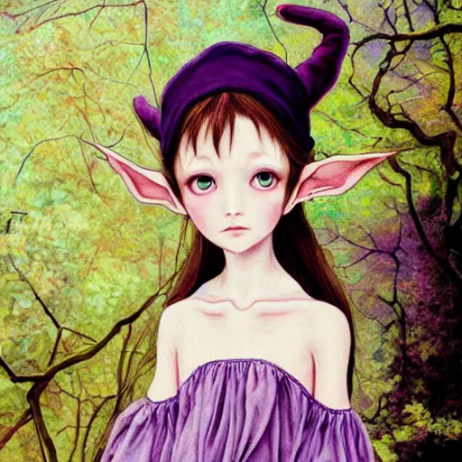 Prompt: little elf girl, tunic, soft hair. light color palate, purple, yellow and white. detailed soft painting, ayami kojima, made in abyss, anatomically correct, inspired in balthus, high detailed face anime, vogue magazine