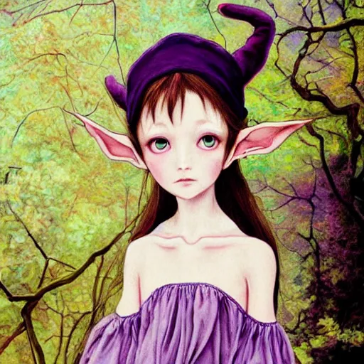 Image similar to little elf girl, tunic, soft hair. light color palate, purple, yellow and white. detailed soft painting, ayami kojima, made in abyss, anatomically correct, inspired in balthus, high detailed face anime, vogue magazine