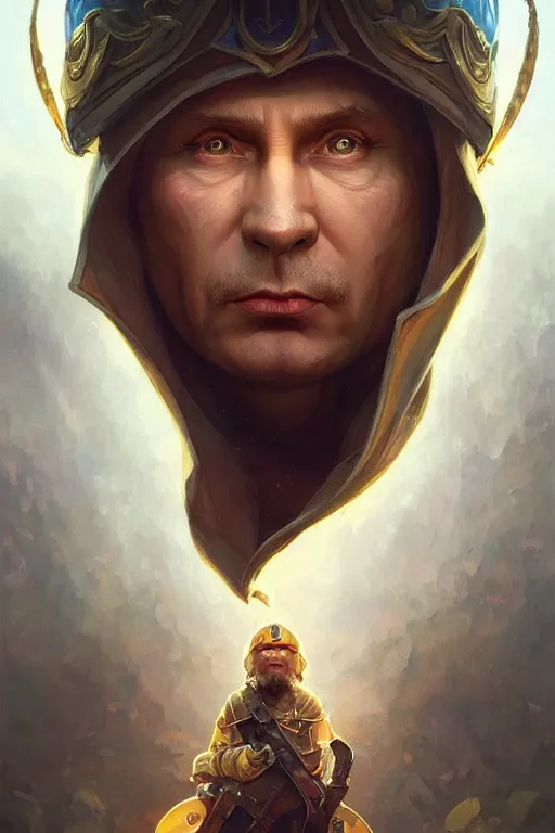 Image similar to Putin as minion, fantasy, portrait, highly detailed, digital painting, artstation, concept art, smooth, sharp focus, illustration, cinematic lighting, art by artgerm and greg rutkowski and alphonse mucha