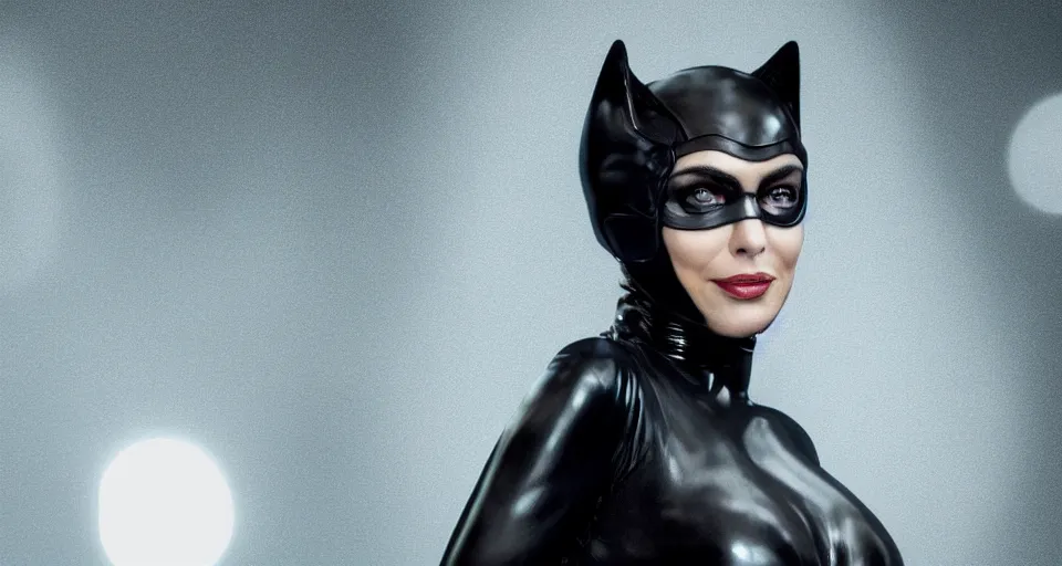 Image similar to Portrait of Monica Belluci As Catwoman, hyperealistic, volumetric lighting, hyperrealistic, photorealistic, beautiful details, HDR, octane render, action shot, wide angle, bokeh