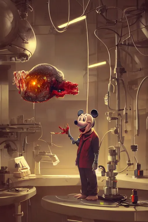 Image similar to mechanics scientist in lab facility looking at bloody mickey mouse head lifted by claw,, made by beeple, cgsociety, artgerm, greg rutkowski, highly detailed intricate 4 k art, low light cinematic, octane render, unreal engine, smooth concept art