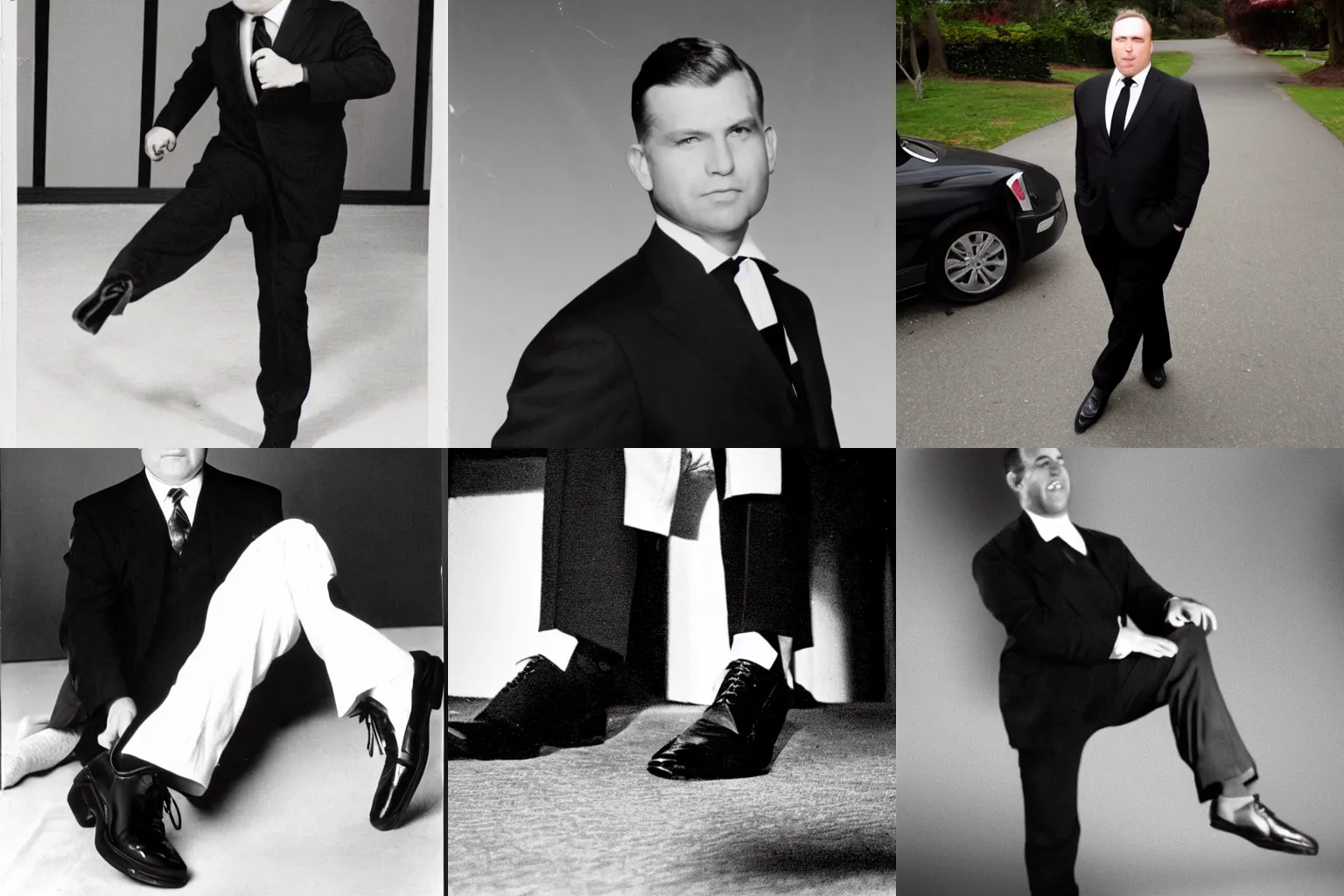 Prompt: A clean-shaven chubby white man wearing a black suit and black necktie and black dress shoes kicking his foot at the camera