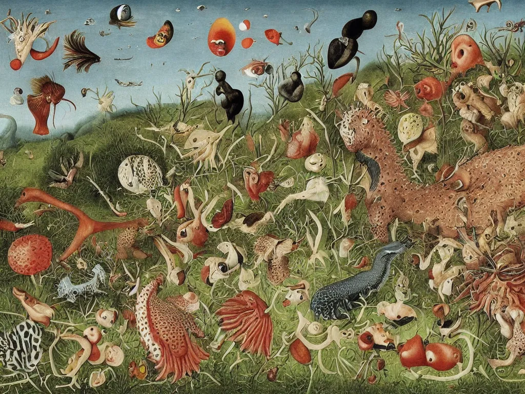 Prompt: unspeakable animal. painting by bosch, maria sybilla merian, codex seraphinianus