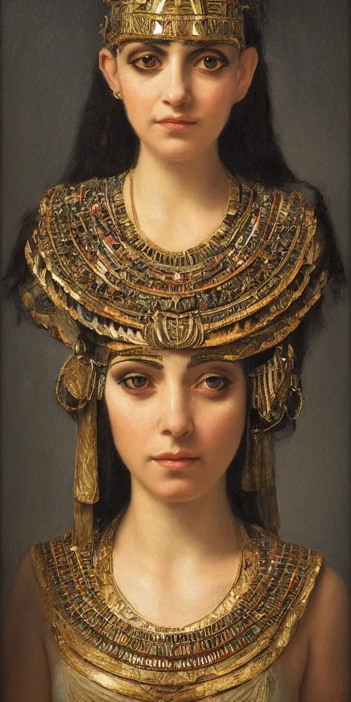 Prompt: a stunning and noble highly detailed romantic period style portrait of Cleopatra, by Josep Tapiró Baró, trending on artstation, oil painting masterpiece, symmetry, fractals, Egyptian iconography