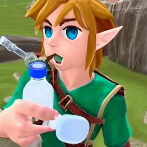 Prompt: link aggressively drinks milk from a bottle, legend of zelda