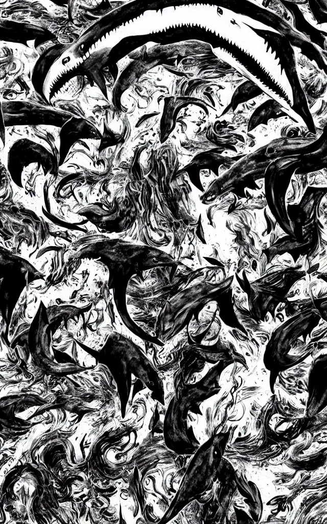 Image similar to Sharknado in the style of junji ito, horror, manga, shark, complex