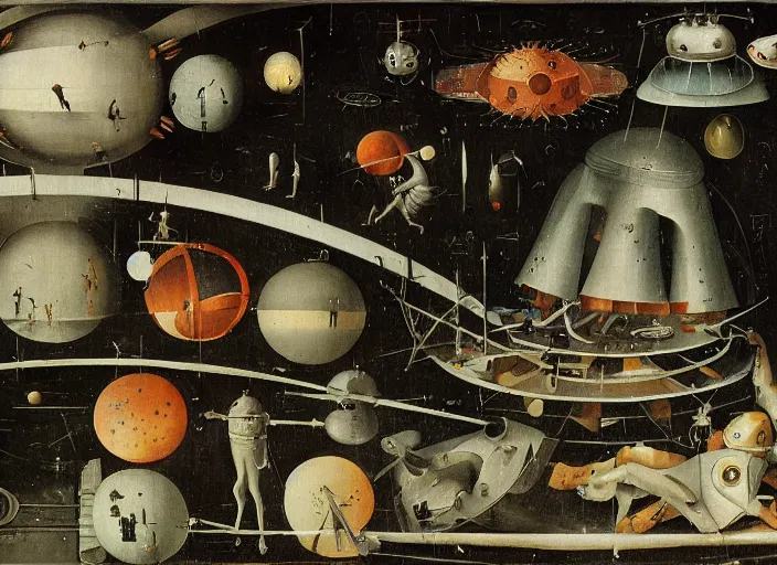 Image similar to an intricately detailed space station by Hieronymus Bosch