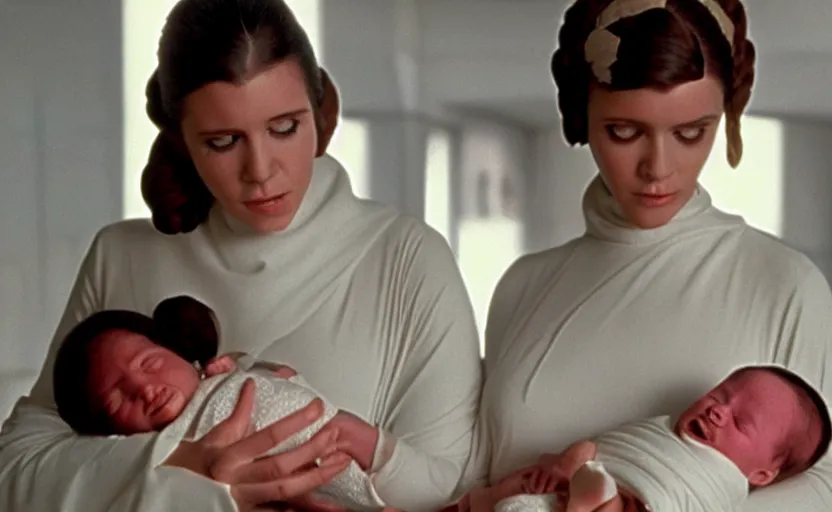 Prompt: screenshot of Princess Leia Organa holding a new born baby in a swaddle, Han Solo watches, iconic scene from 1970s film directed by by Stanley Kubrick, in a sci fi nursing home architecture, 4k HD sharp, cinematic still frame, photoreal, detailed face, moody lighting, stunning cinematography, anamorphic lenses, kodak color film stock