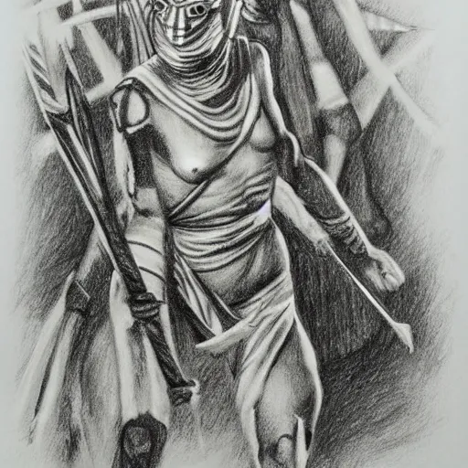 Prompt: mummy mummy fighting warrior, in jungle, pencil drawing, engraving, simple