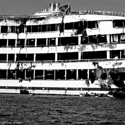 Image similar to vhs footage still of abandoned cruise ship with water damaged interior, date stamp in bottom right corner reads 1 8 jan 2 0 0 5, 7 : 2 0 pm